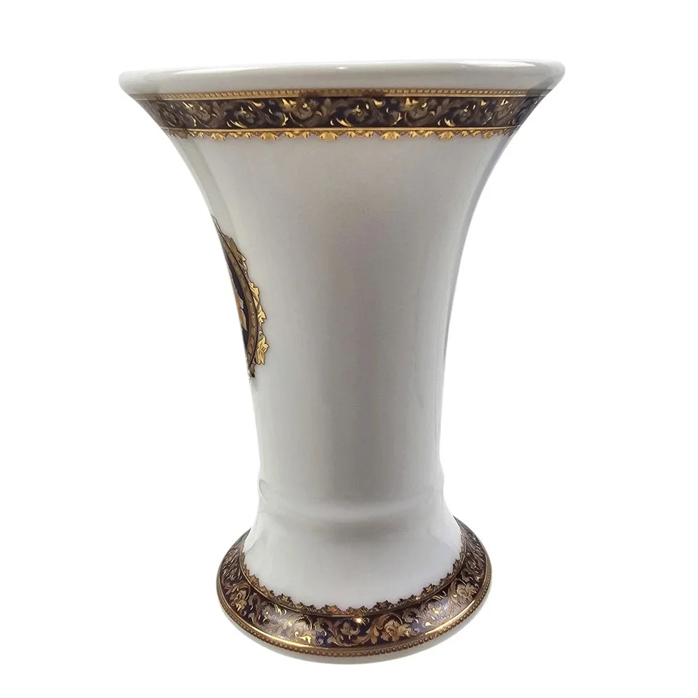 T. Limoges Bacchus Porcelain Trumpet Vase White Gold Navy Blue 7in France